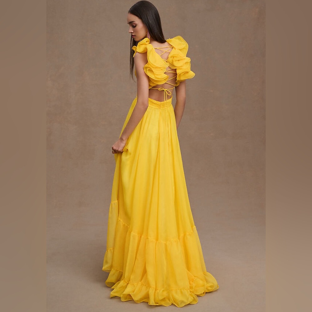 NWT Mac Duggal 67911 Neon Yellow Ruffle Tiered Cut-Out Chiffon Gown Size 4 - Picture 9 of 9